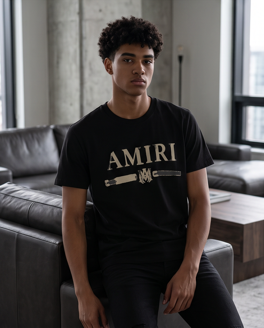 Camiseta Amiri Logo Bar Beige Negra Hombre - Manga Corta Algodón