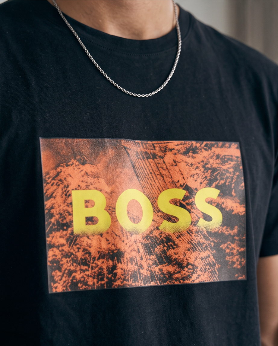 Camiseta Hugo Boss Logo Foto Paisaje Negra Hombre - Manga Corta Algodón