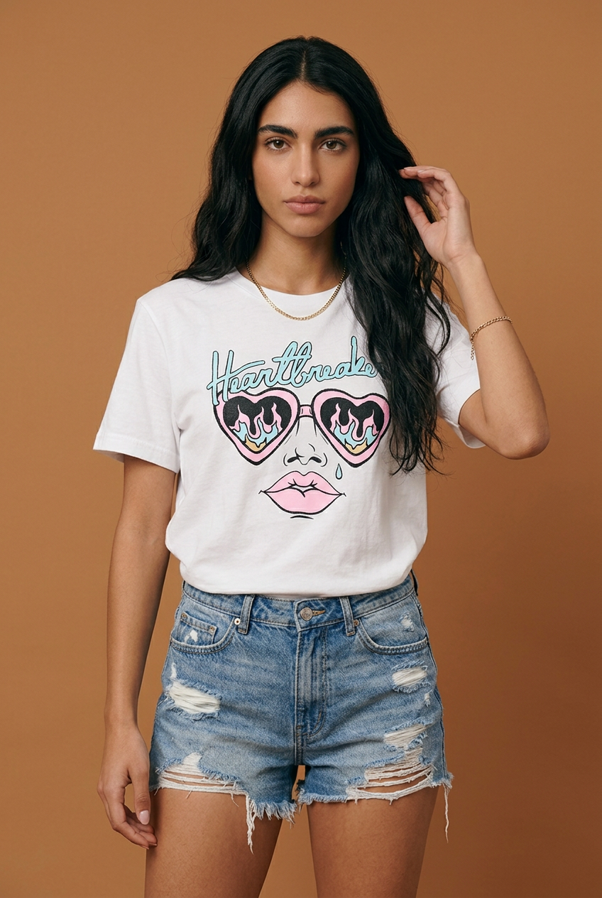 Camiseta Heartbreaker Gafas Corazón Llamas Pastel Blanca Mujer - Manga Corta Tela Fría