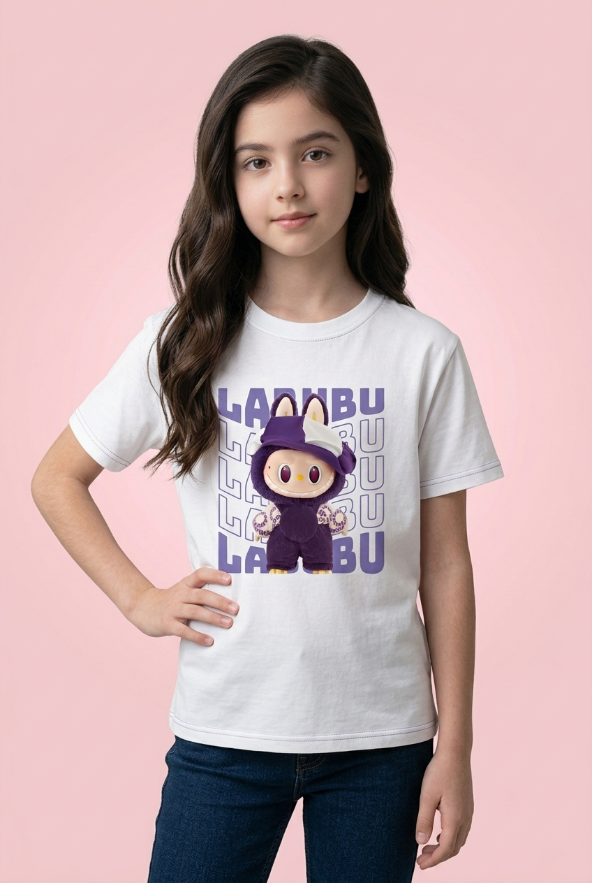 Camiseta Labubu Mago Morado Tipografia Blanca Niña - Manga Corta Algodón Infantil