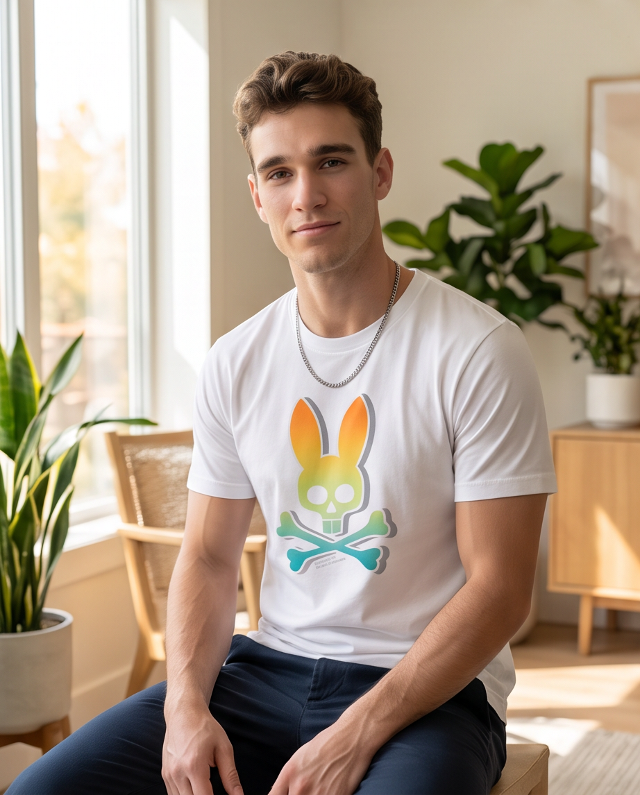 Camiseta Psycho Bunny Logo Degradado Naranja Turquesa Blanca Hombre - Manga Corta Algodón