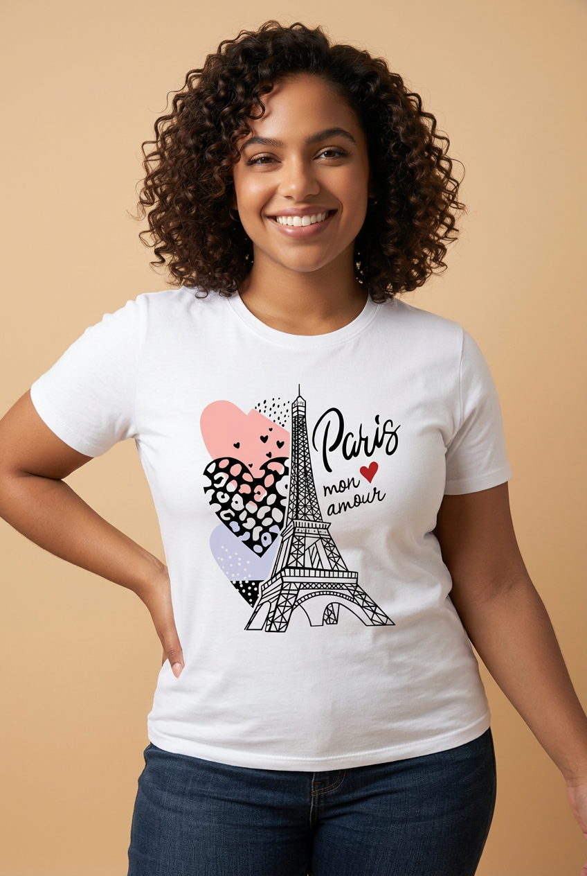 Camiseta Paris Mon Amour Torre Eiffel Corazón Blanca Mujer - Manga Corta Tela Fría