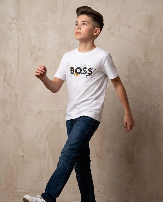 Camiseta Hugo Boss Logo Splash Pintura Blanca Niño - Niños Oversize