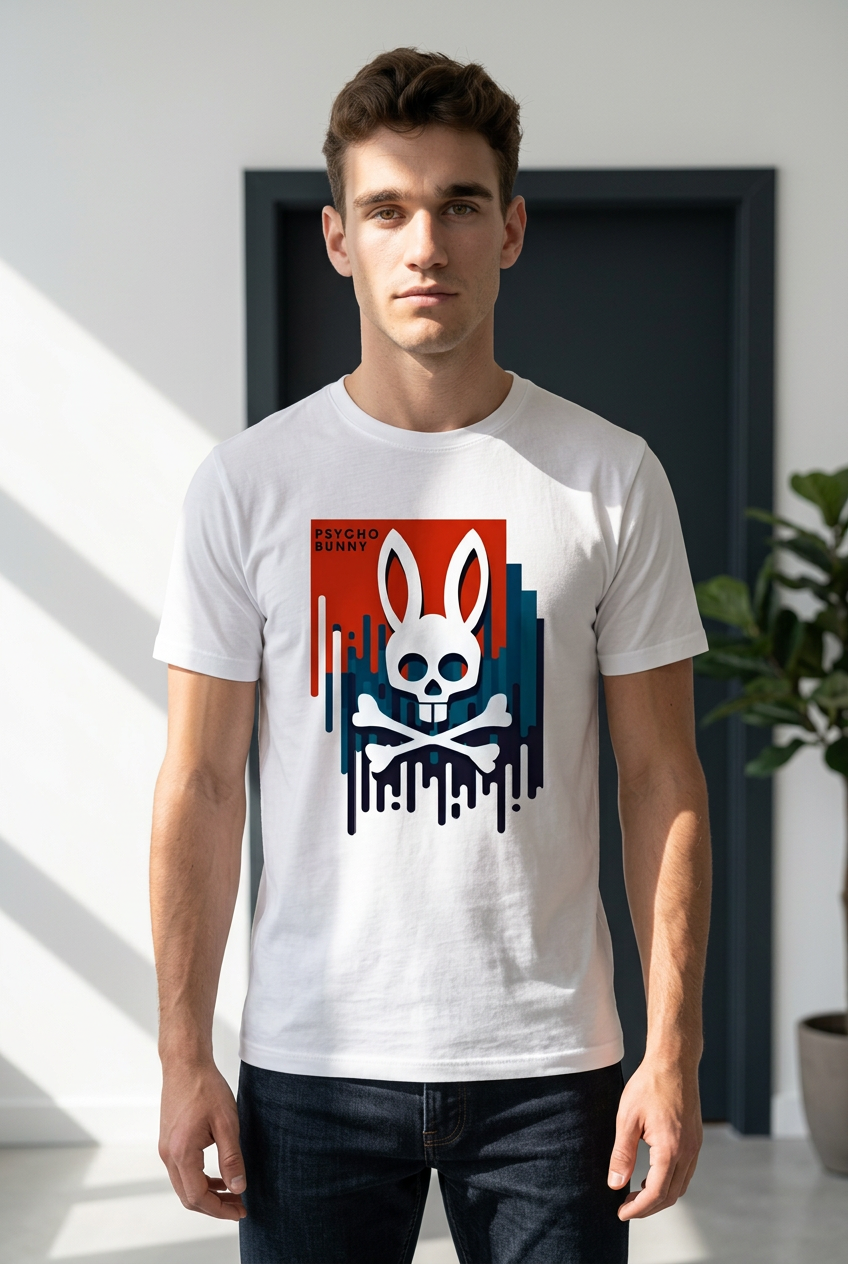 Camiseta Psycho Bunny Logo Drip Graffiti Blanca Hombre - Manga Corta Algodón