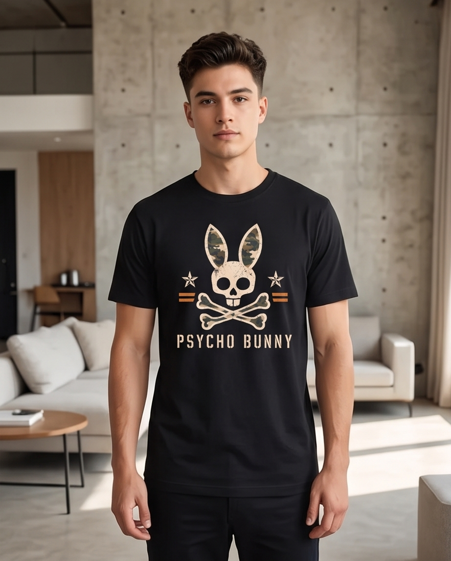 Camiseta Hombre Psycho Bunny Estrellas Camufladas Negra Regular Fit