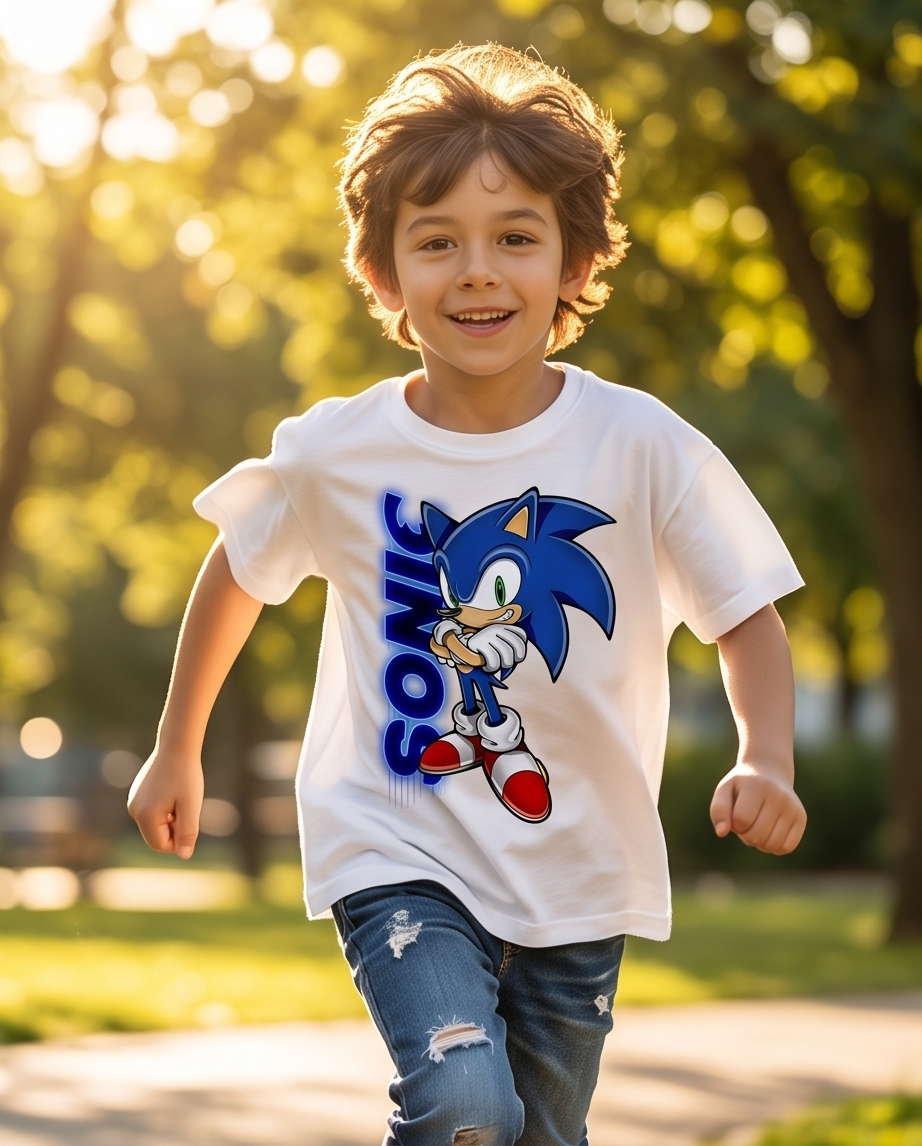 Camiseta Sonic Personaje Azul Blanca - Niños Oversize