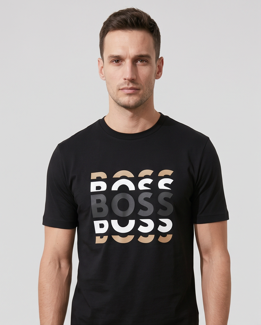 Camiseta Hugo Boss Logo Triple Superpuesto Negra Hombre - Manga Corta Algodón