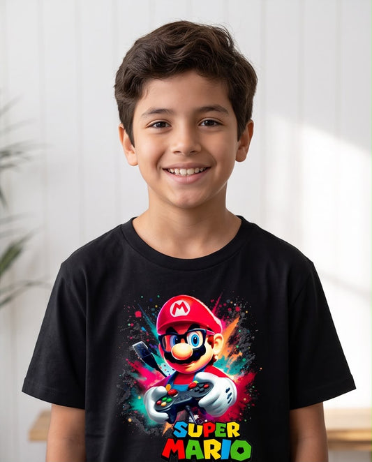 Camiseta Super Mario Gamer Control Explosion Negra - Niños Oversize
