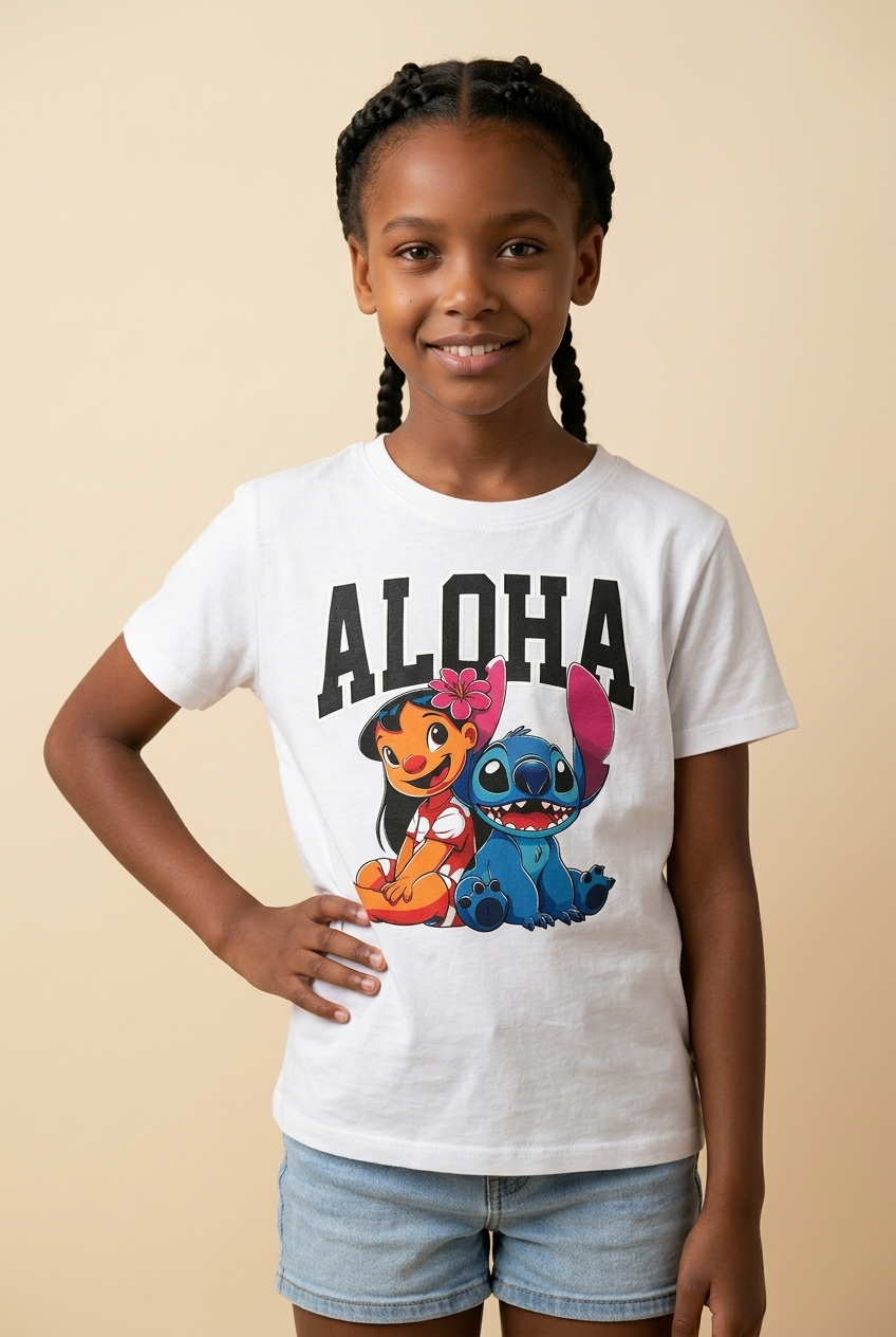 Camiseta Aloha Lilo Stitch Duo Blanca Niña - Manga Corta Algodón Infantil