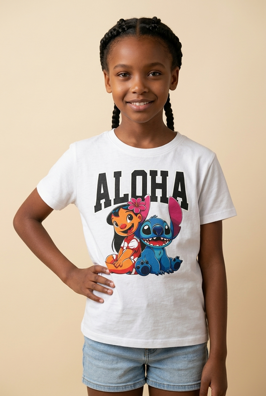 Camiseta Aloha Lilo Stitch Duo Blanca Niña - Manga Corta Algodón Infantil