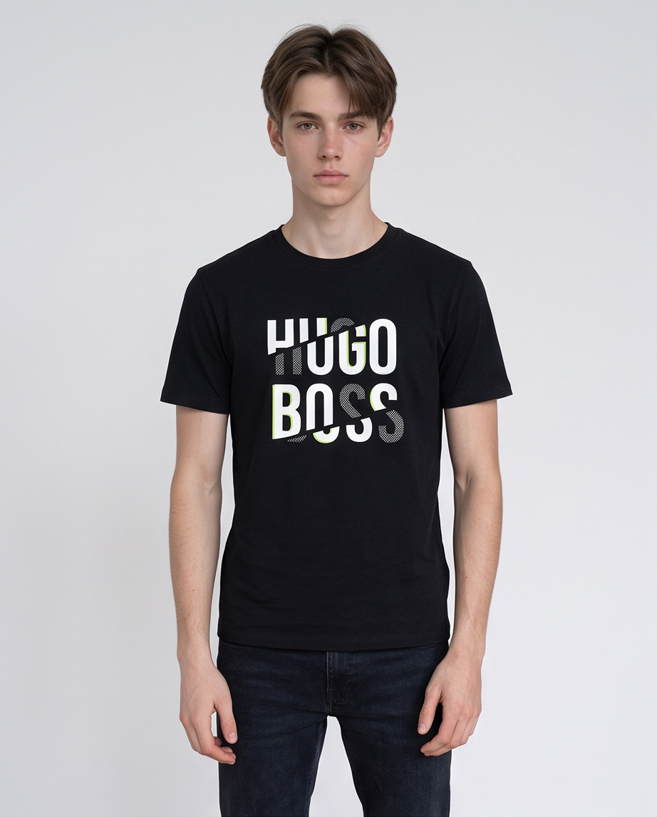 Camiseta Hugo Boss Logo Texturado Verde Lima Negra Hombre - Manga Corta Algodón