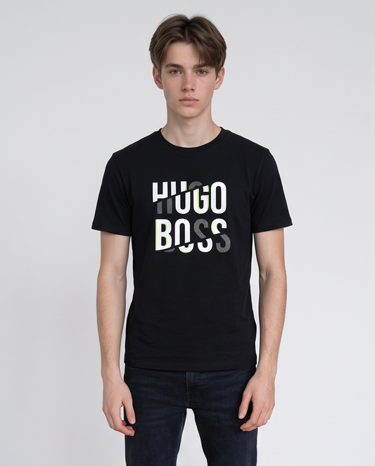 Camiseta Hugo Boss Logo Texturado Verde Lima Negra Hombre - Manga Corta Algodón