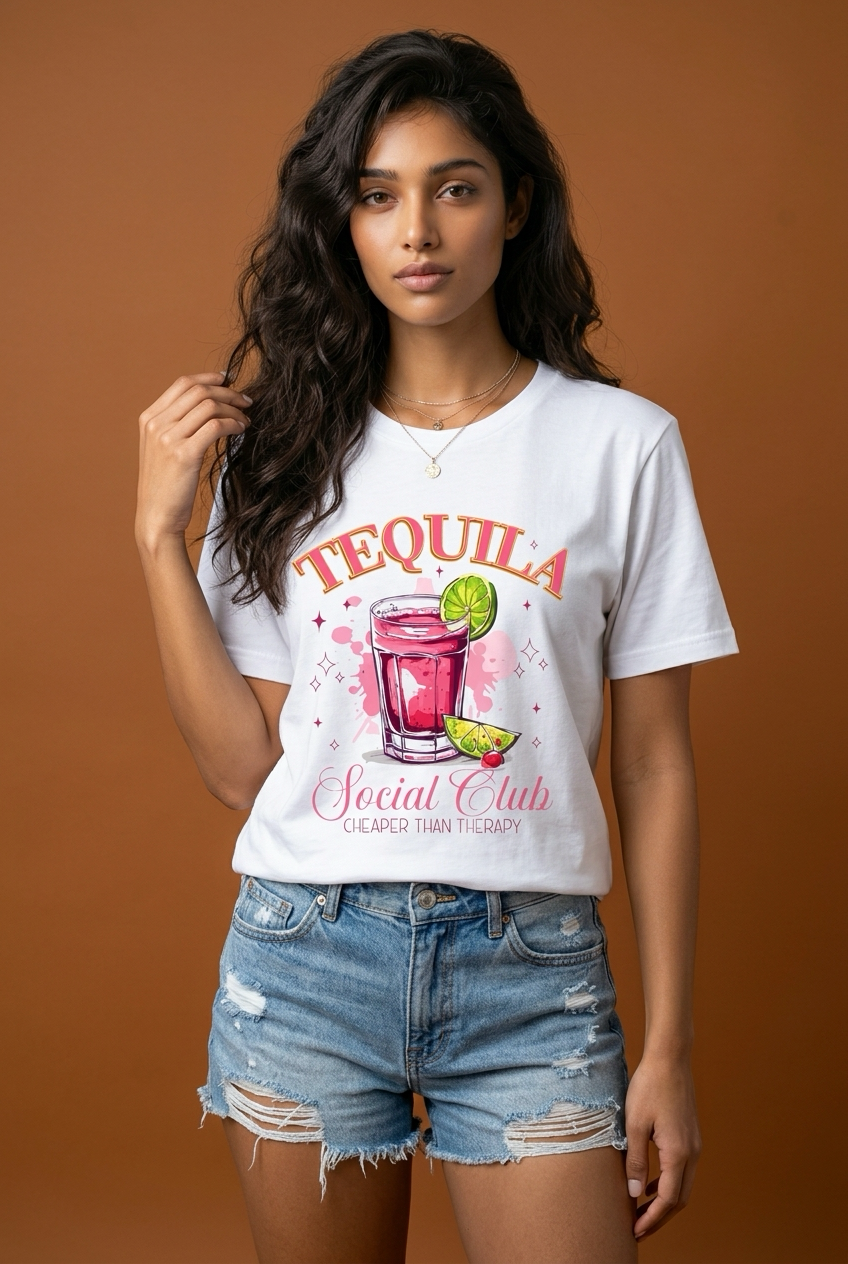 Camiseta Tequila Social Club Cheaper Than Therapy Rosa Blanca Mujer - Manga Corta Tela Fría