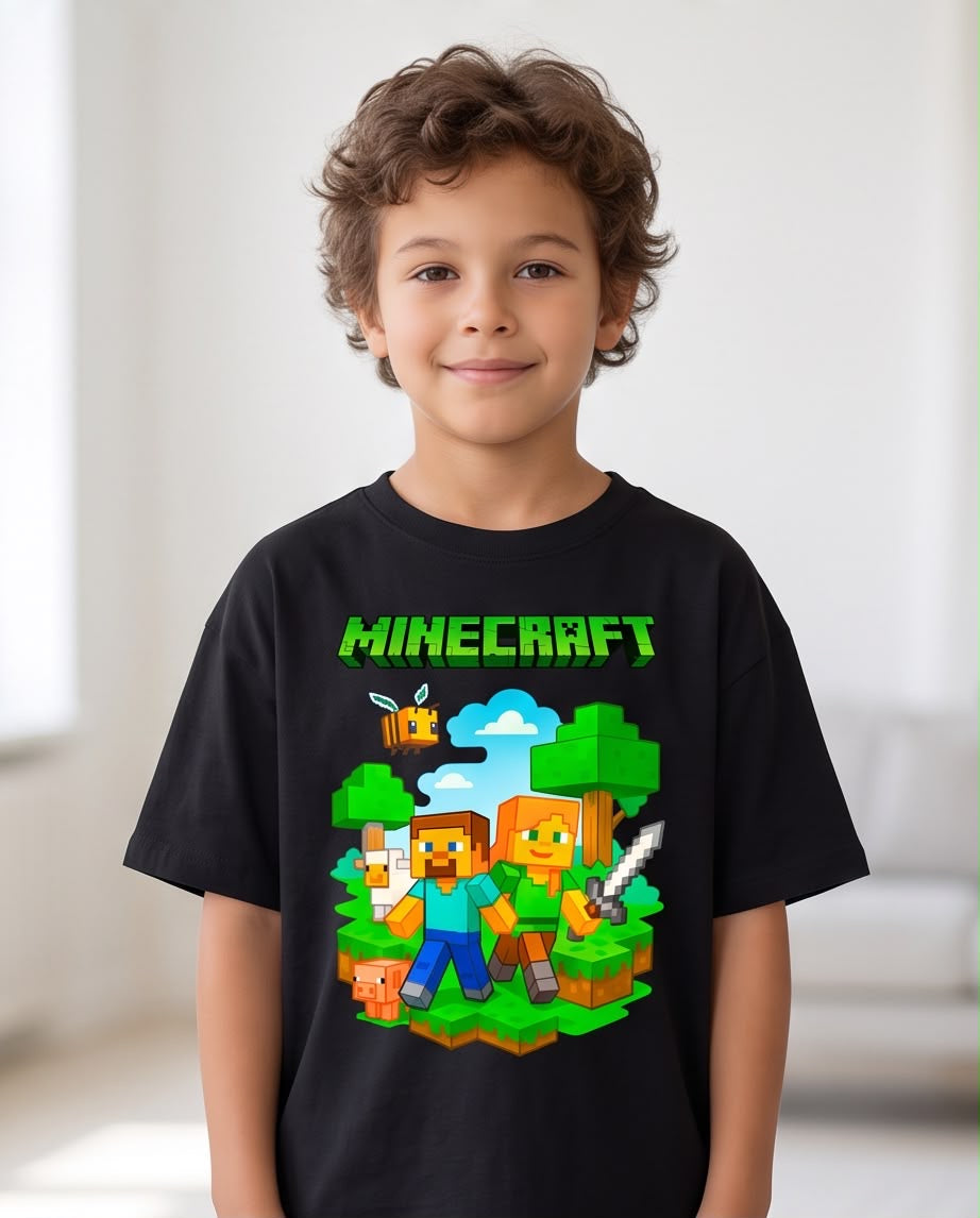 Camiseta Minecraft Steve Alex Aventura Verde Negra Niño - Niños Oversize