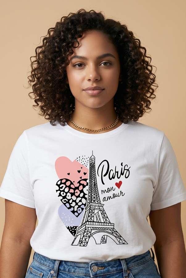 Camiseta Paris Mon Amour Torre Eiffel Corazón Blanca Mujer - Manga Corta Tela Fría