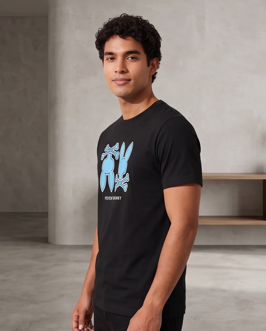 Camiseta Hombre Psycho Bunny Doble Conejo Negra Regular Fit