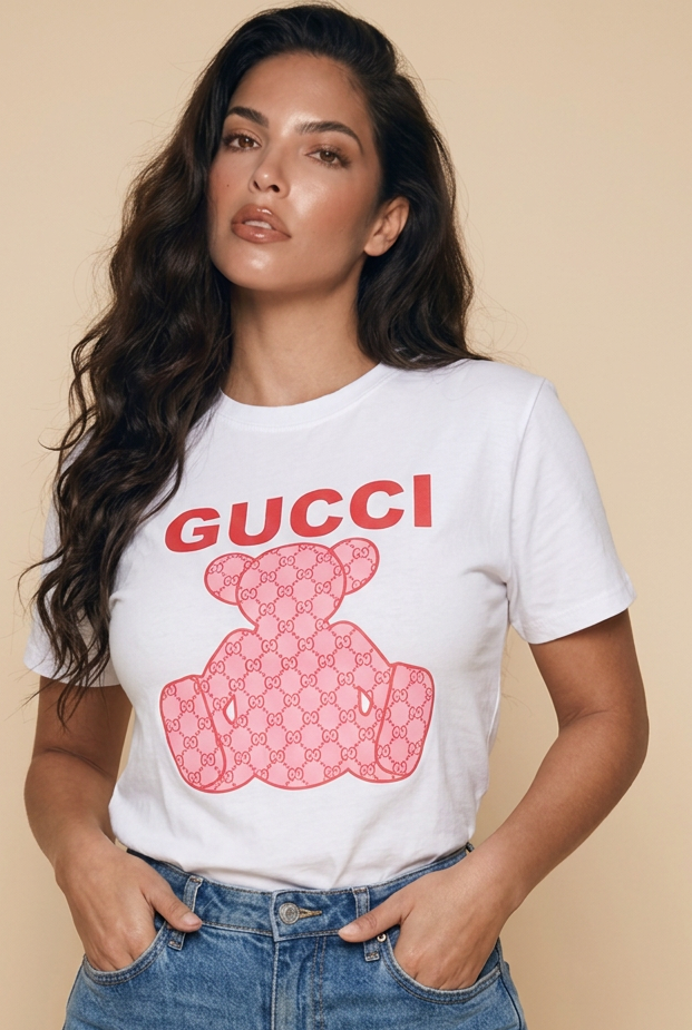 Camiseta Gucci Teddy Bear Monograma Rosa Blanca Mujer - Manga Corta Tela Fría
