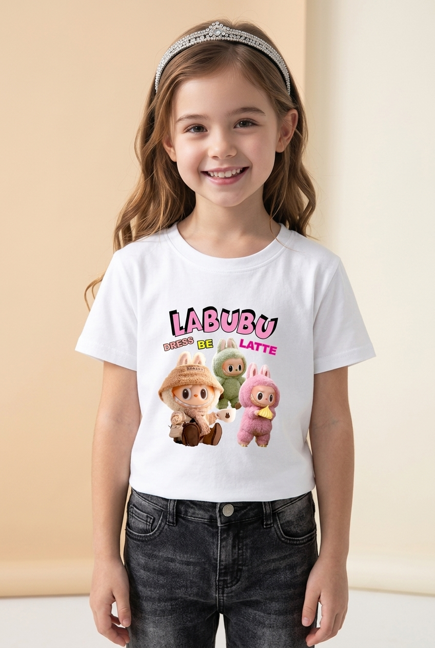 Camiseta Labubu Dress Be Latte Trio Blanca Niña - Manga Corta Algodón Infantil
