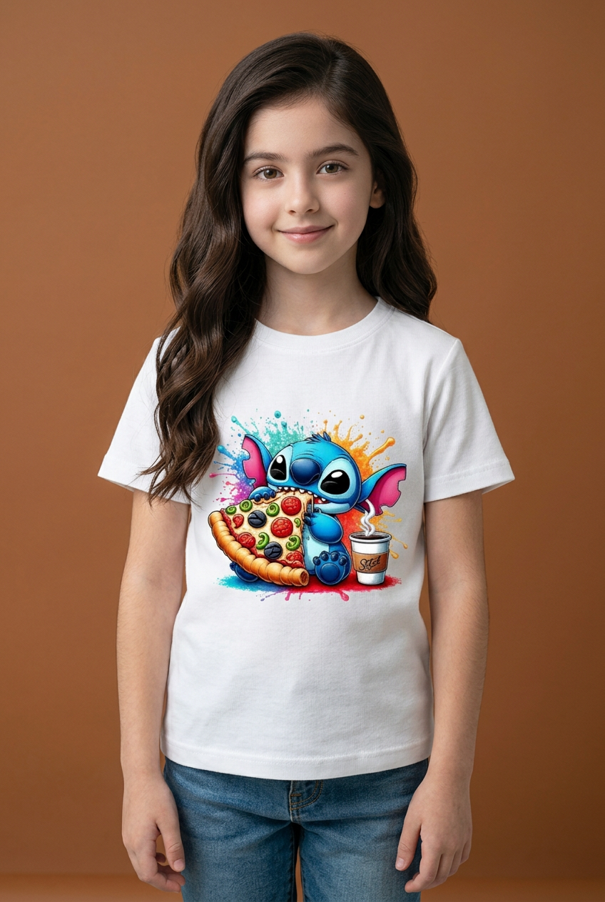 Camiseta Stitch Pizza Splash Multicolor Blanca Niña - Manga Corta Algodón Infantil