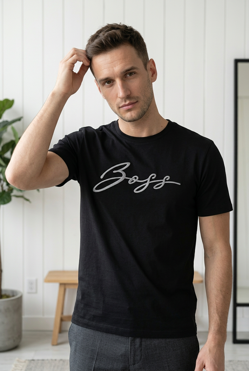 Camiseta Hugo Boss Logo Cursiva Plateada Negra Hombre - Manga Corta Algodón