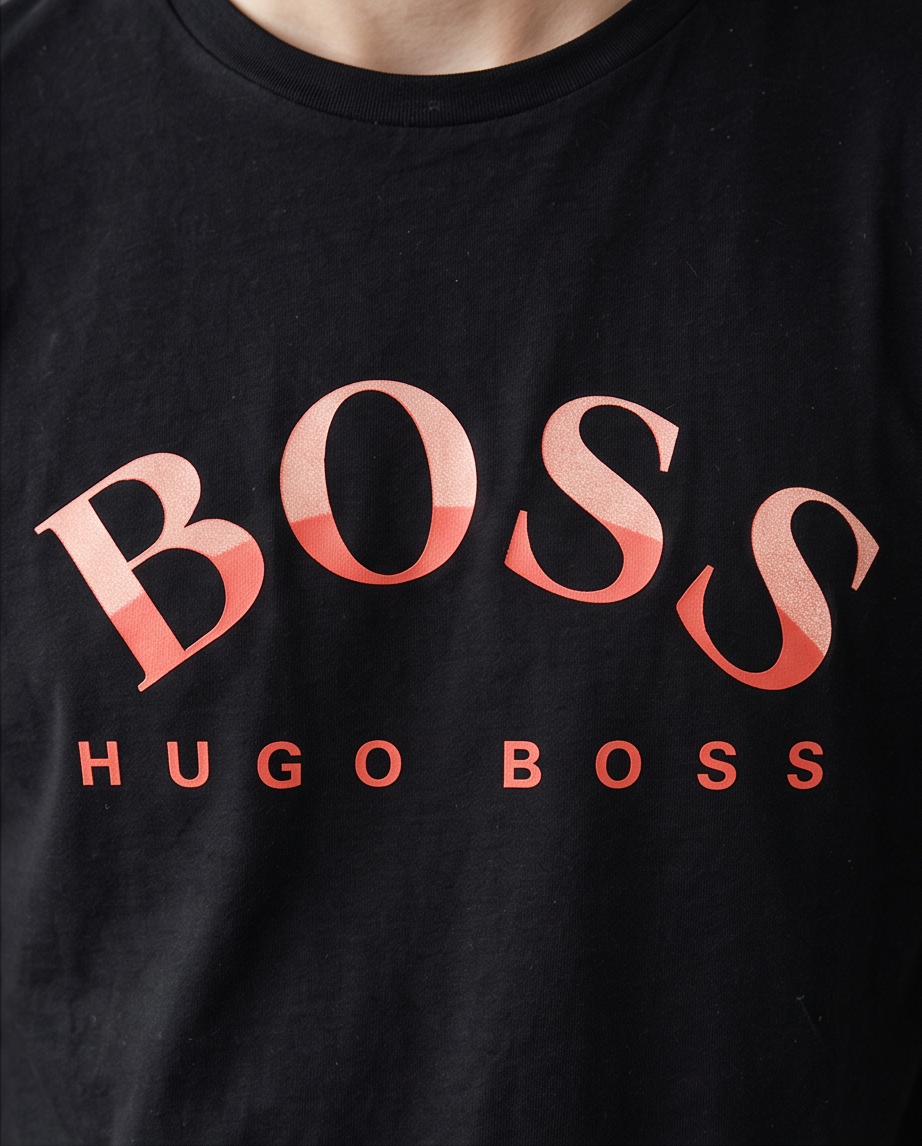 Camiseta Hugo Boss Logo Rojo Coral Negra Hombre - Manga Corta Algodón