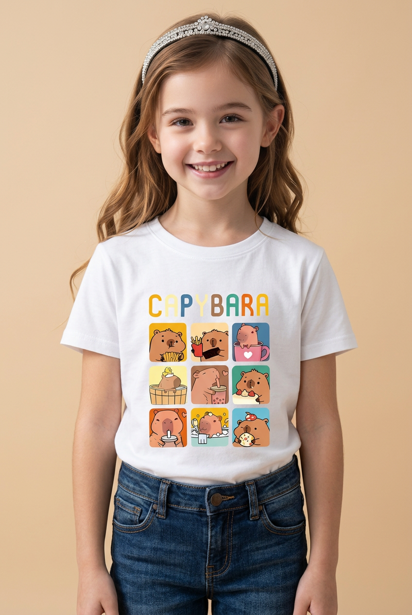 Camiseta Capybara Momentos Cute Grid Blanca Niña - Manga Corta Algodón Infantil