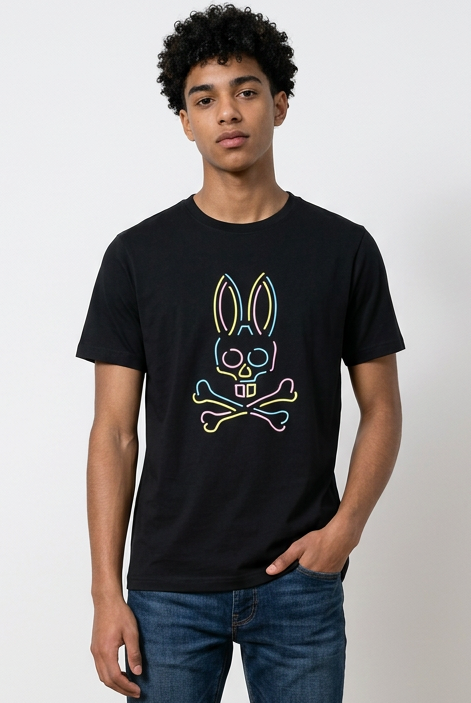 Camiseta Psycho Bunny Contorno Pastel Multicolor Negra Hombre - Manga Corta Algodón