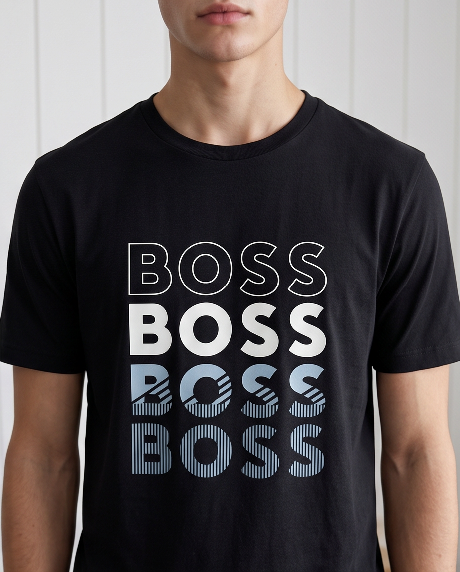 Camiseta Hugo Boss Logo Repetido Degradado Negra Hombre - Manga Corta Algodón