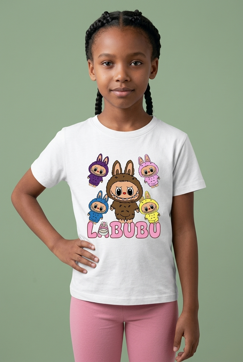 Camiseta Labubu Familia Colores Blanca Niña - Manga Corta Algodón Infantil