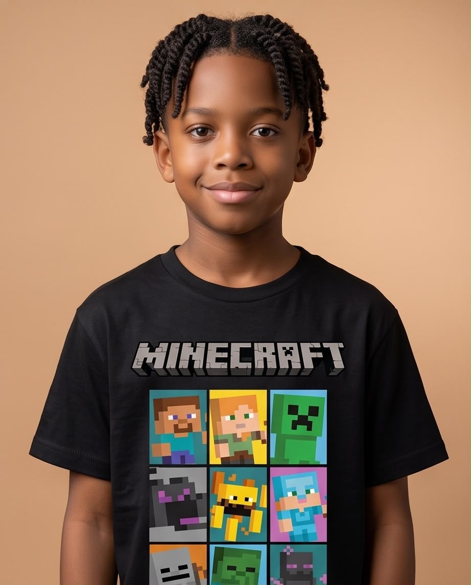 Camiseta Minecraft Personajes Grid Multicolor Negra - Niños Oversize