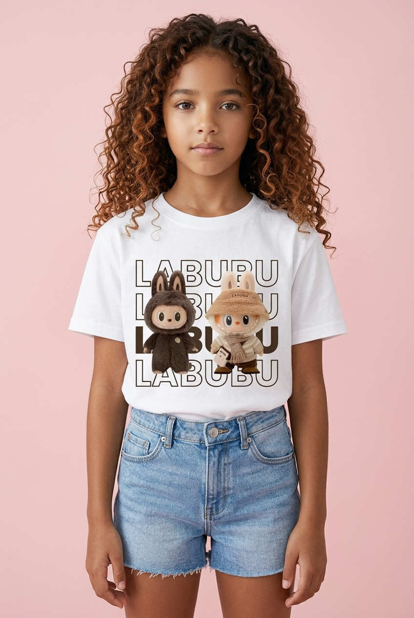 Camiseta Labubu Duo Explorador Tipografia Negra Blanca Niña - Manga Corta Algodón Infantil