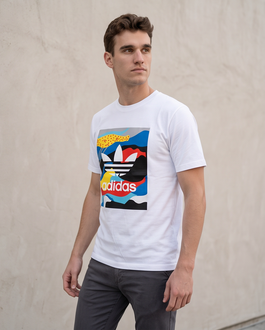 Camiseta Adidas Trebol Paisaje Abstracto Blanca Hombre - Manga Corta Algodón