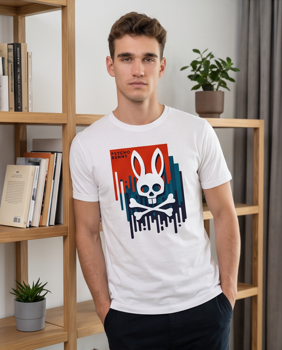 Camiseta Psycho Bunny Logo Drip Graffiti Blanca Hombre - Manga Corta Algodón
