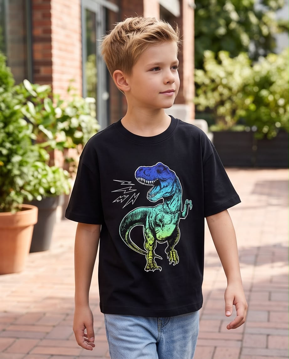 Camiseta Dinosaurio T-Rex Degradado Neon Negra Niño - Niños Oversize