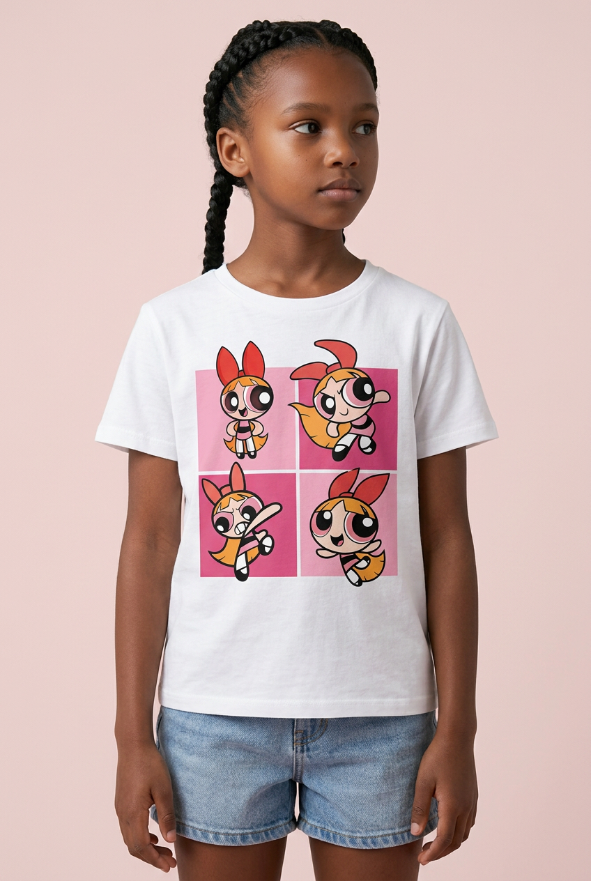 Camiseta Superpoderosas Grid Rosa Blanca Niña - Manga Corta Algodón Infantil