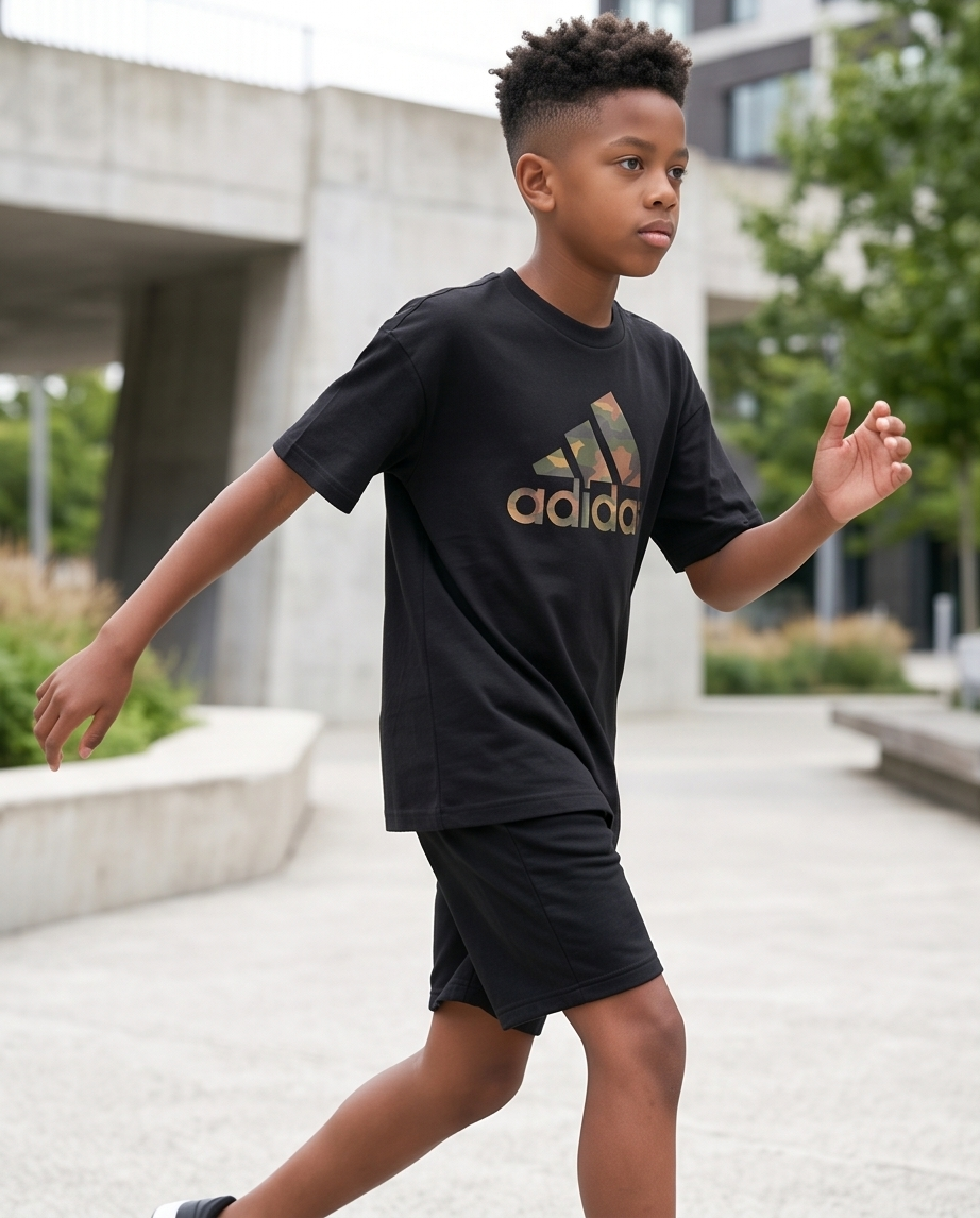 Camiseta Adidas Logo Camuflado Dorado Negra - Niños Oversize