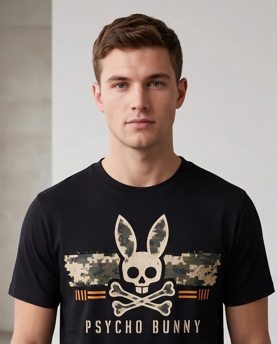 Camiseta Hombre Psycho Bunny Camuflada negra Regular Fit