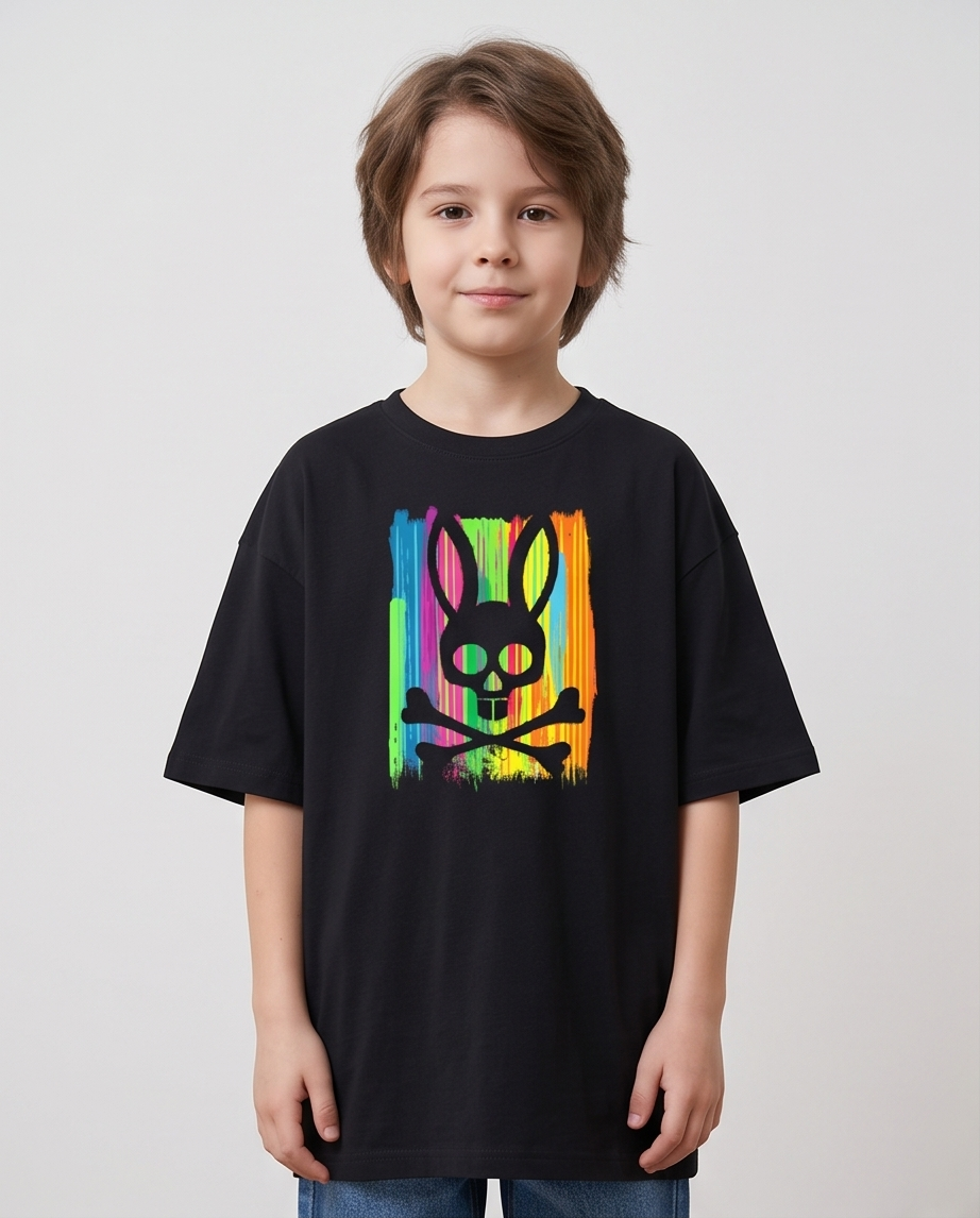 Camiseta Psycho Bunny Rayas Neon Multicolor Negra - Niños Oversize