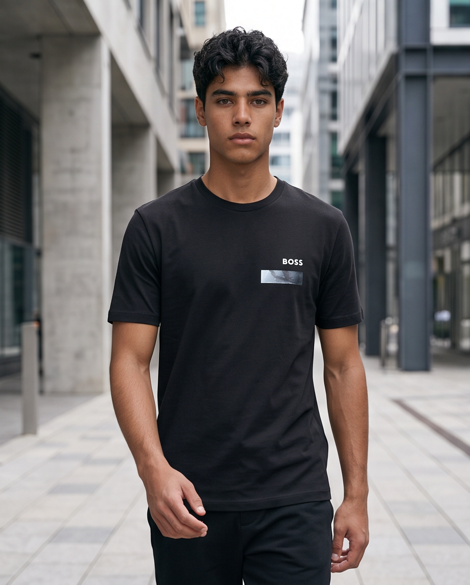 Camiseta Hugo Boss Logo Pecho Recuadro Foto Negra Hombre - Manga Corta Algodón