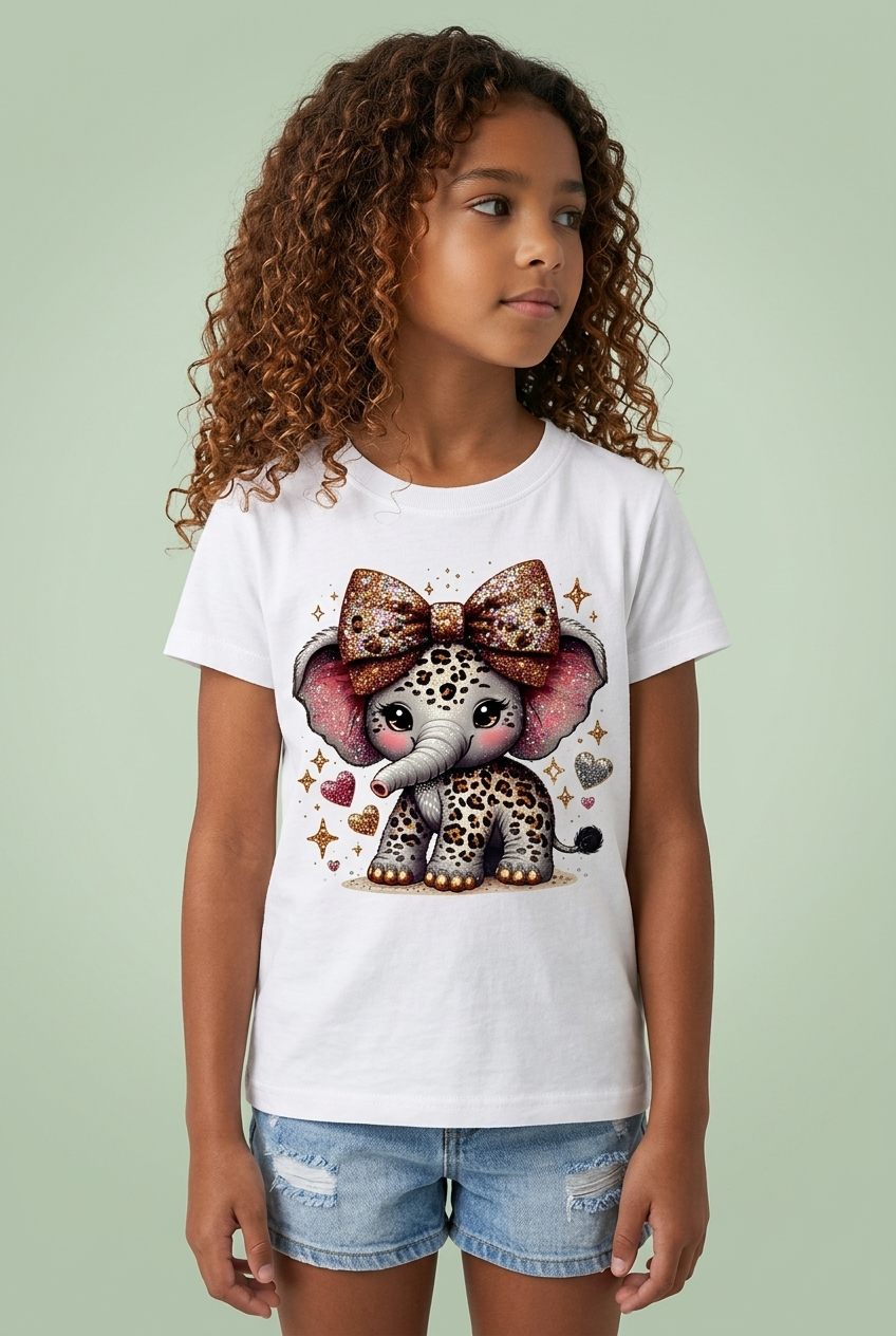 Camiseta Elefante Baby Leopardo Lazón Glitter Blanca Niña - Manga Corta Algodón Infantil