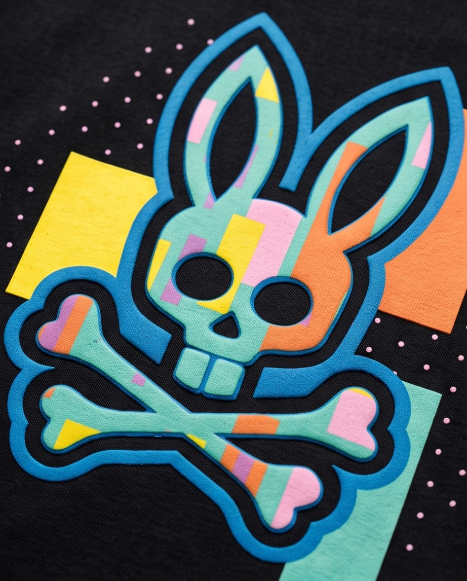 Camiseta Hombre Psycho Bunny Geométrico Multicolor Negra Regular Fit