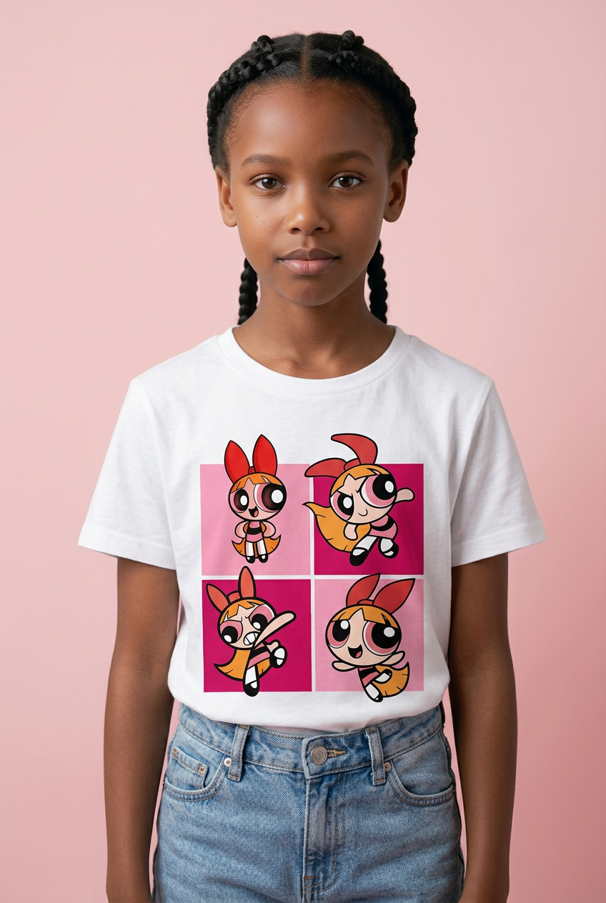 Camiseta Superpoderosas Grid Rosa Blanca Niña - Manga Corta Algodón Infantil