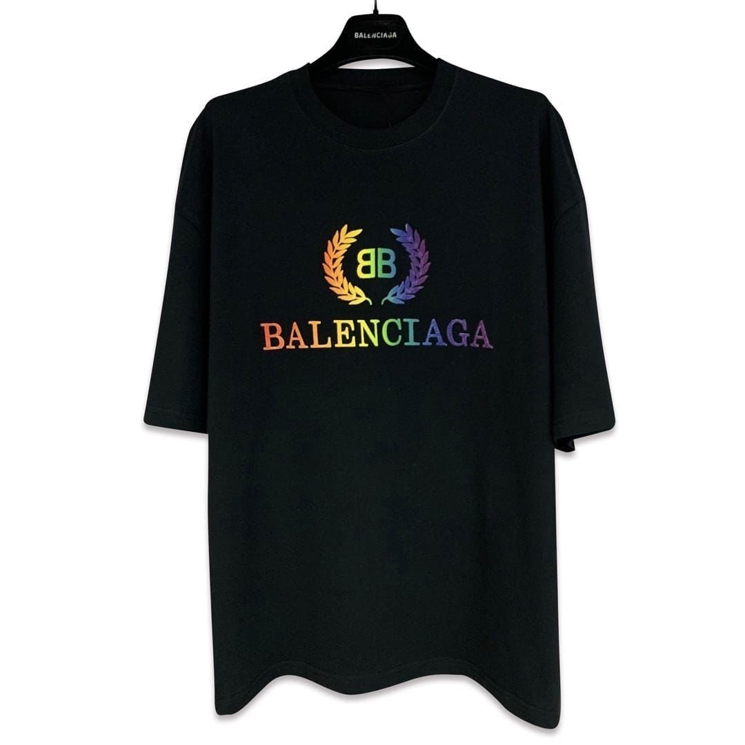 Camiseta Balenciaga Logo BB Laurel Multicolor Negra Oversize Hombre - Manga Corta Algodón