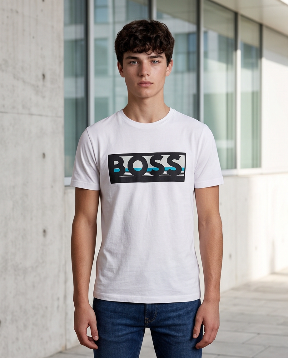Camiseta Hugo Boss Logo Recuadro Turquesa Blanca Hombre - Manga Corta Algodón