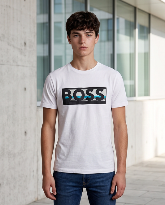 Camiseta Hugo Boss Logo Recuadro Turquesa Blanca Hombre - Manga Corta Algodón