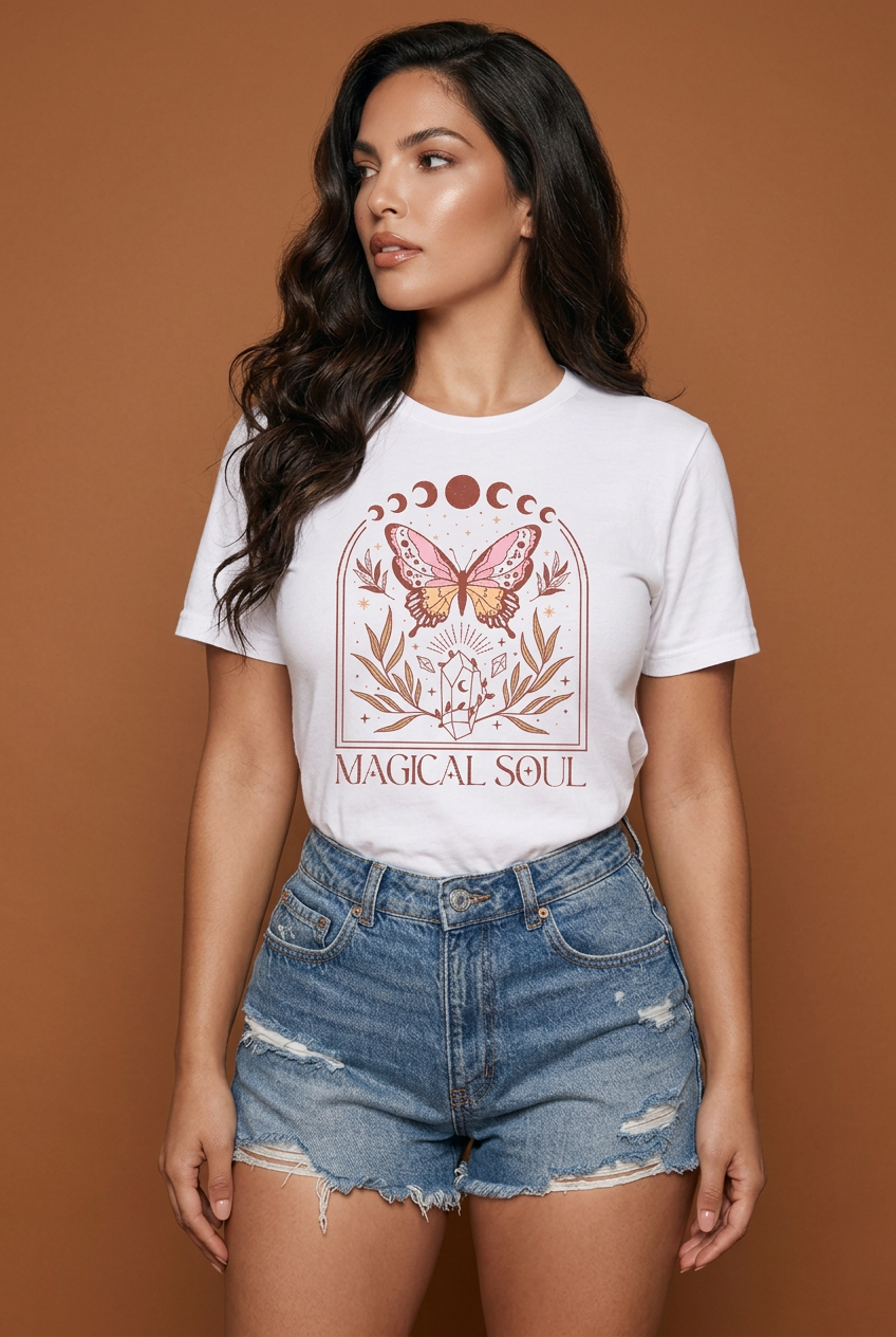 Camiseta Magical Soul Mariposa Cristales Arco Celestial Blanca Mujer - Manga Corta Tela Fría