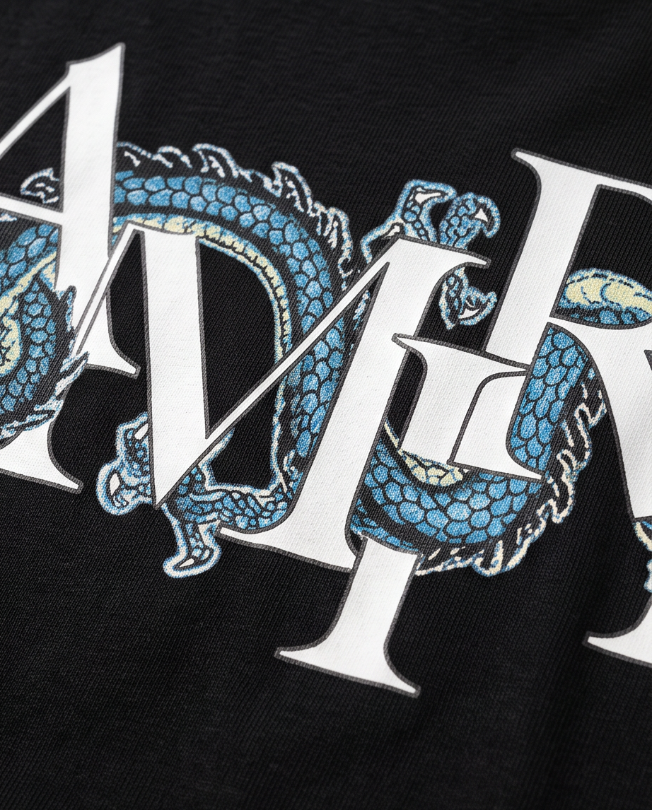 Camiseta Amiri Logo Dragon Azul Negra Hombre - Manga Corta Algodón