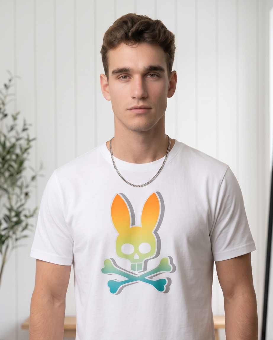 Camiseta Psycho Bunny Logo Degradado Naranja Turquesa Blanca Hombre - Manga Corta Algodón