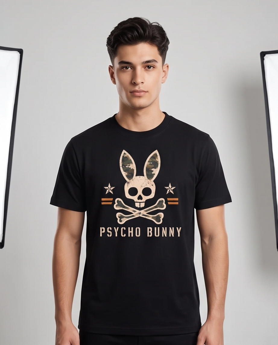 Camiseta Hombre Psycho Bunny Estrellas Camufladas Negra Regular Fit