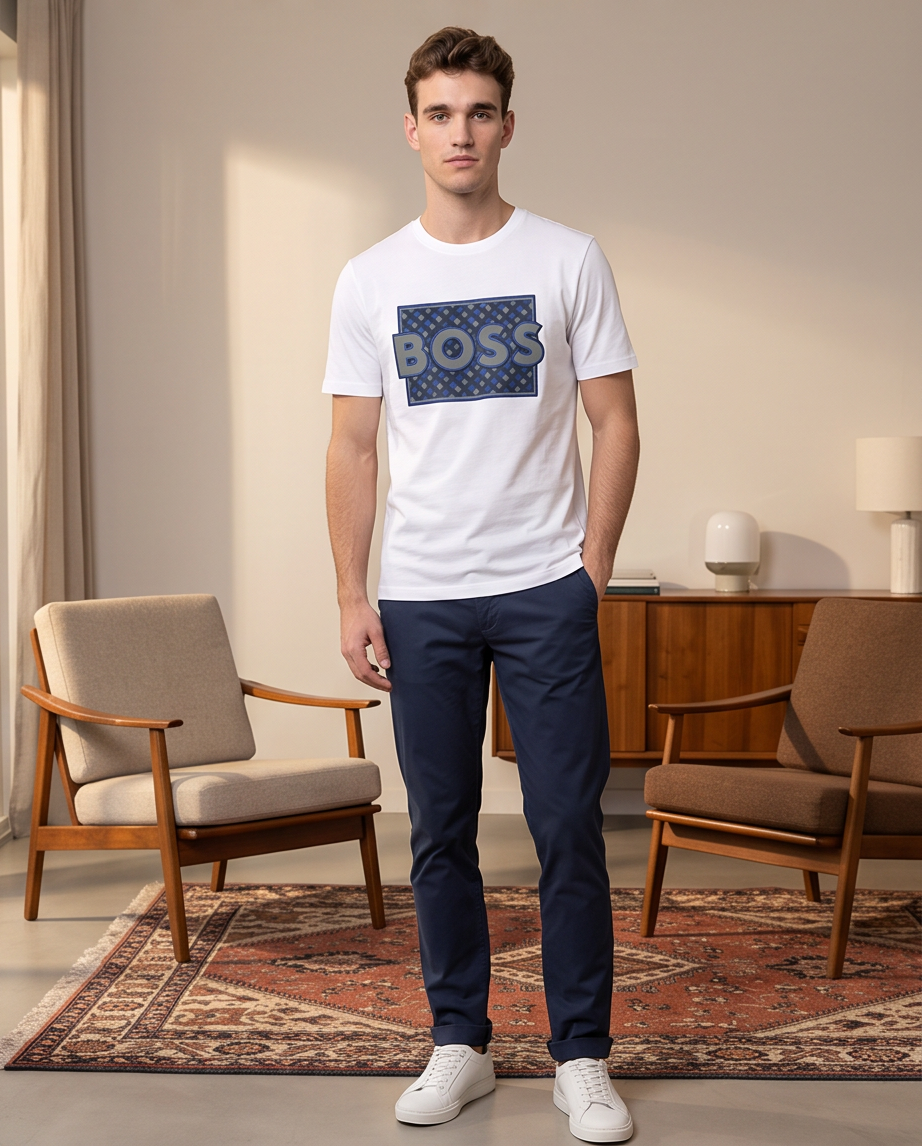 Camiseta Hugo Boss Logo Monograma Azul Blanca Hombre - Manga Corta Algodón